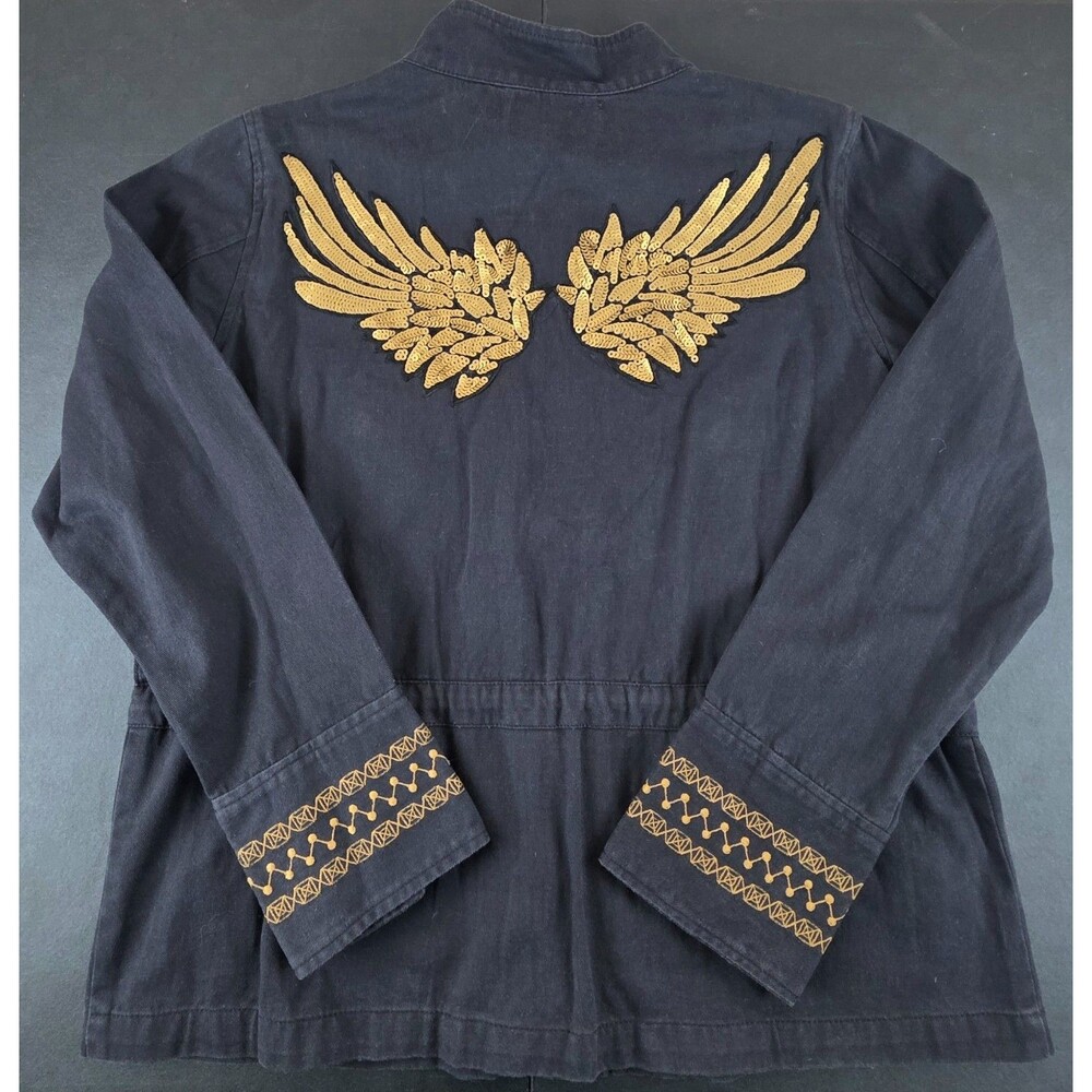 NWT SHERYL CROW Black Military Utility Jacket Gold Sequin Angel Wings SZ Medium